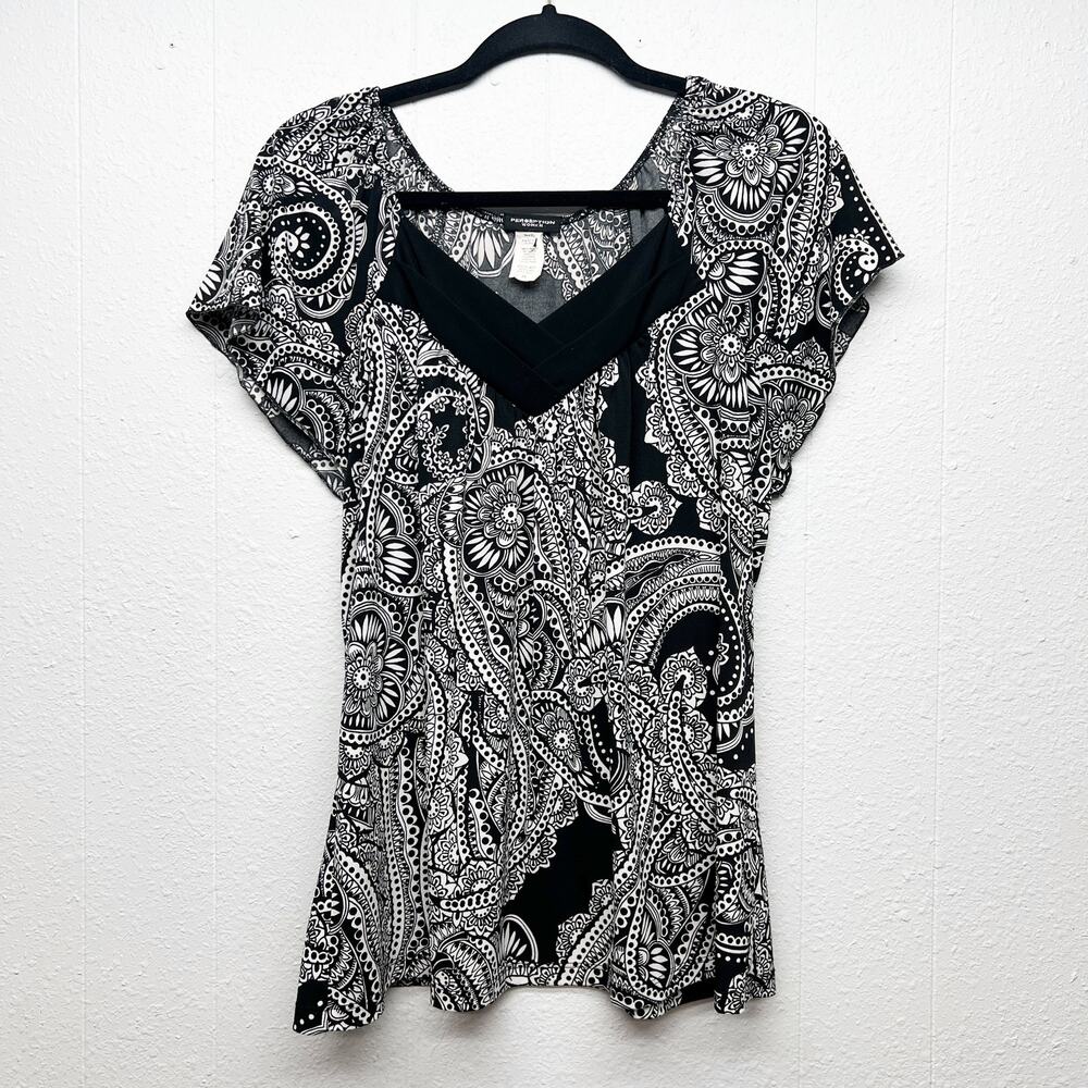 Perseption Dark Floral Top Womens 2X Party Event Career Workwear Office Stretch